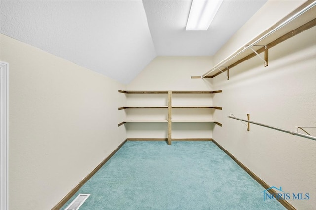 spacious closet with vaulted ceiling and light carpet