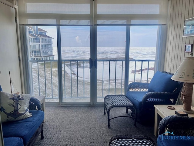 living room with a water view, carpet flooring, and a beach view