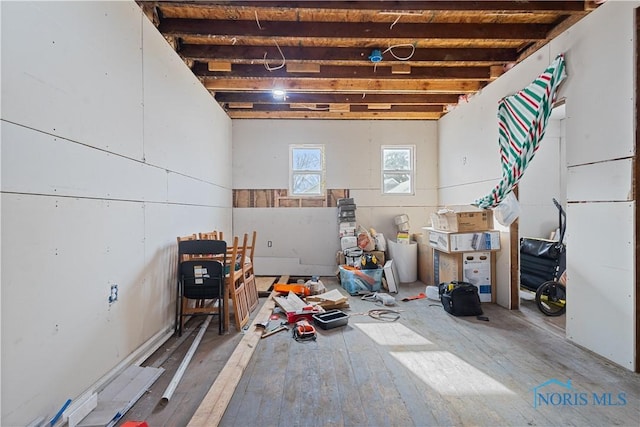 basement with hardwood / wood-style floors