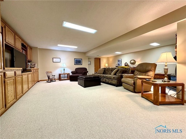 carpeted living room with a textured ceiling