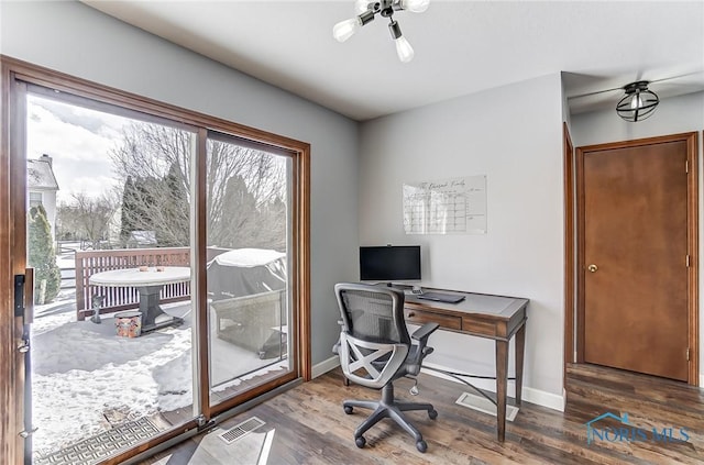 office space featuring dark hardwood / wood-style floors