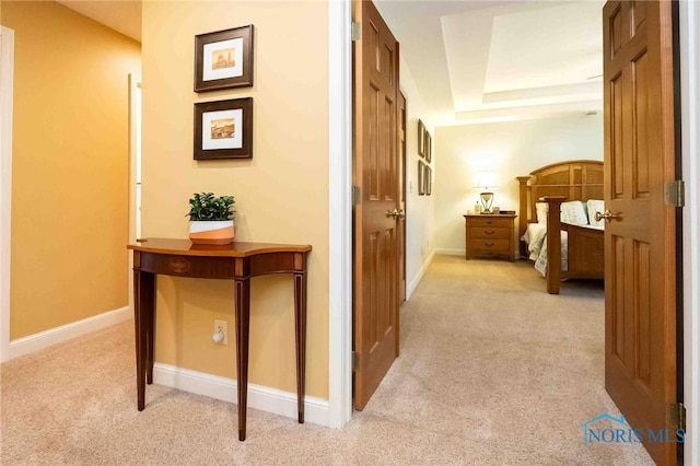 hallway featuring light colored carpet and a raised ceiling