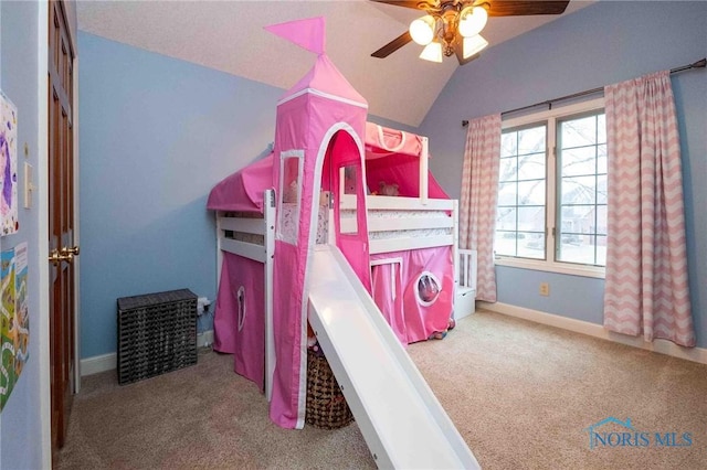 bedroom with ceiling fan, light colored carpet, and lofted ceiling