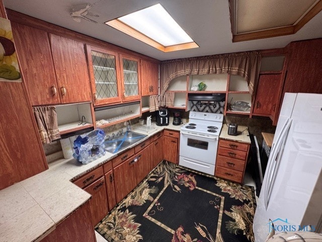 kitchen featuring sink, white appliances, and ventilation hood