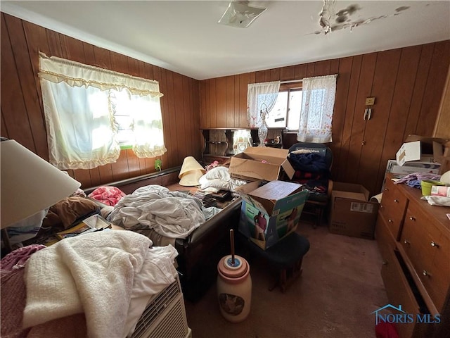 miscellaneous room featuring carpet flooring and wooden walls