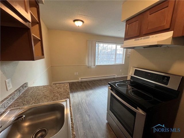 kitchen featuring sink, a textured ceiling, baseboard heating, dark hardwood / wood-style flooring, and stainless steel electric stove