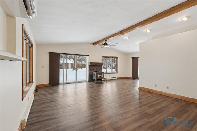 unfurnished living room with vaulted ceiling with beams, dark hardwood / wood-style floors, a wood stove, ceiling fan, and baseboard heating