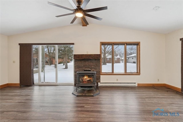 unfurnished living room with hardwood / wood-style flooring, ceiling fan, vaulted ceiling, and a baseboard heating unit