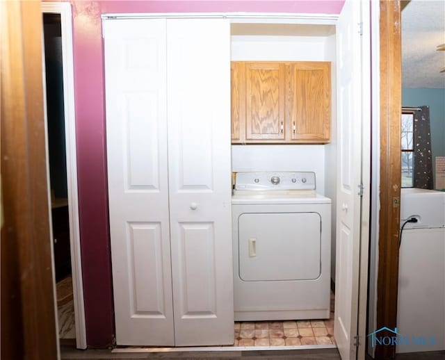 clothes washing area with washer / clothes dryer and cabinets