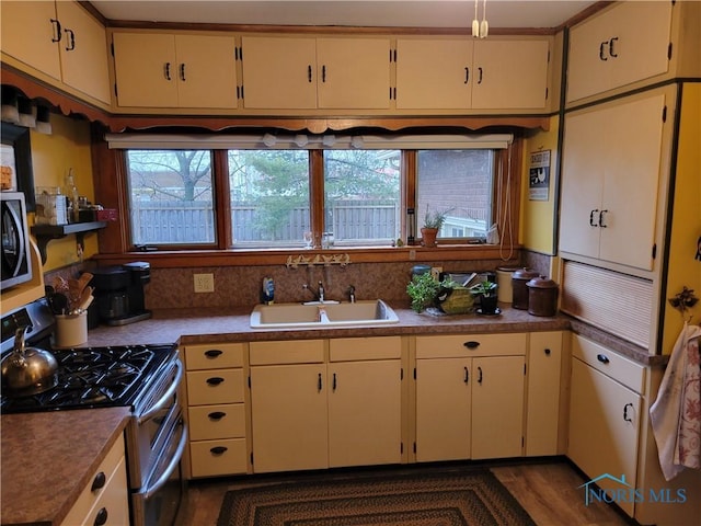 kitchen with sink, a healthy amount of sunlight, cream cabinets, and double oven range