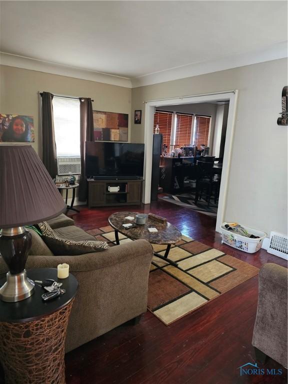 living area featuring wood finished floors and ornamental molding