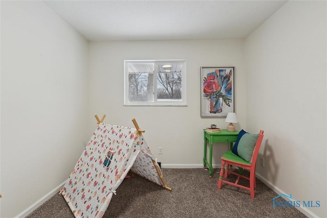 playroom with dark colored carpet