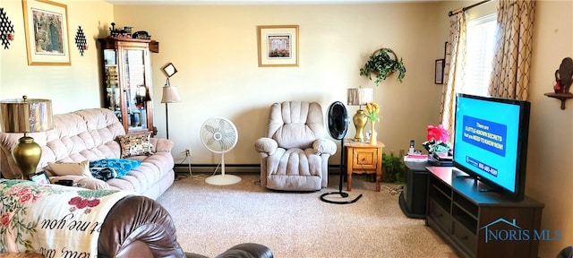 carpeted living room featuring baseboard heating