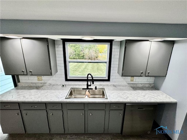 kitchen with tasteful backsplash, dishwasher, sink, and gray cabinetry