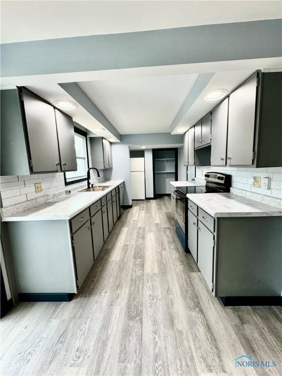 kitchen with stainless steel range with electric stovetop, sink, decorative backsplash, and light wood-type flooring