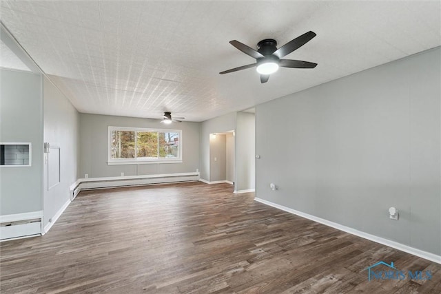 unfurnished living room with a ceiling fan, a baseboard radiator, baseboards, and wood finished floors