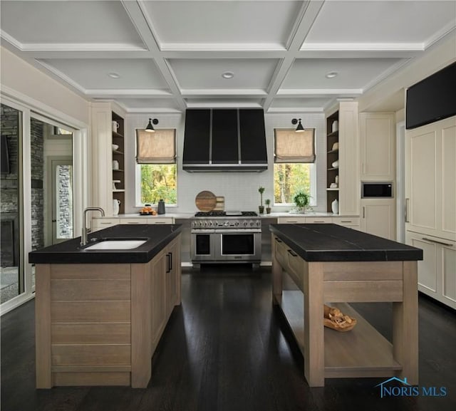 kitchen with sink, double oven range, extractor fan, and a kitchen island