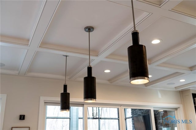 details with beamed ceiling and coffered ceiling