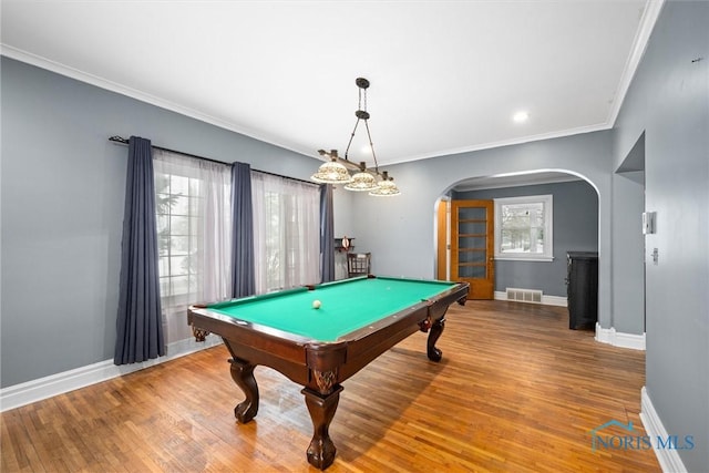 rec room with crown molding, pool table, and wood-type flooring