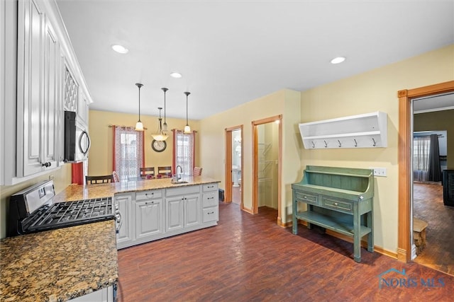 kitchen with hanging light fixtures, dark wood-type flooring, stainless steel appliances, and white cabinets