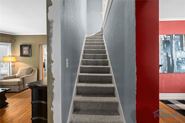 stairs with crown molding and hardwood / wood-style floors