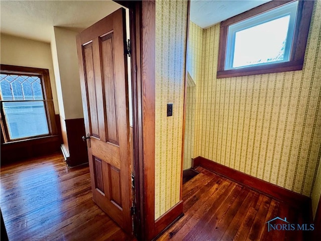 hallway featuring a baseboard radiator and dark hardwood / wood-style floors