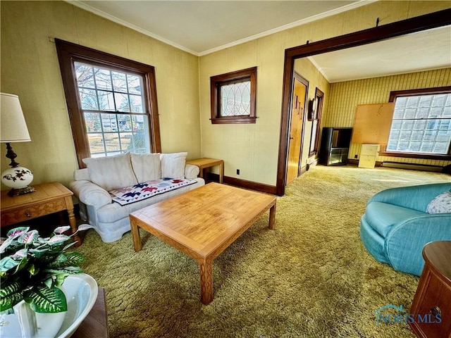 living room featuring crown molding and carpet flooring