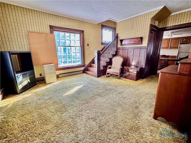 living room featuring crown molding, carpet floors, and baseboard heating