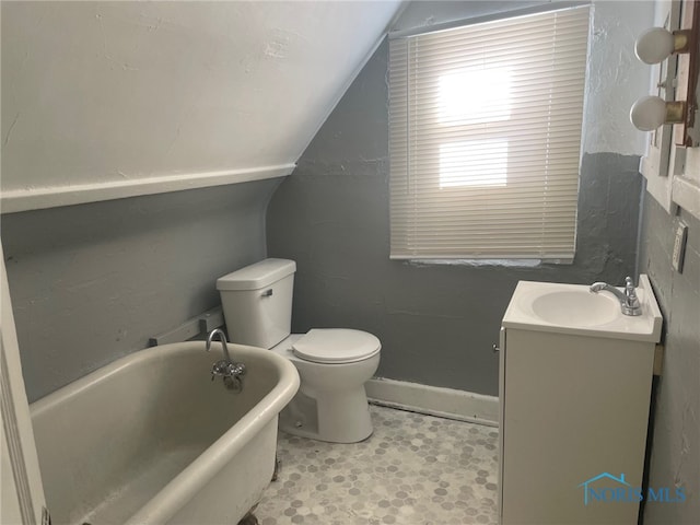 bathroom featuring lofted ceiling, toilet, vanity, and a washtub