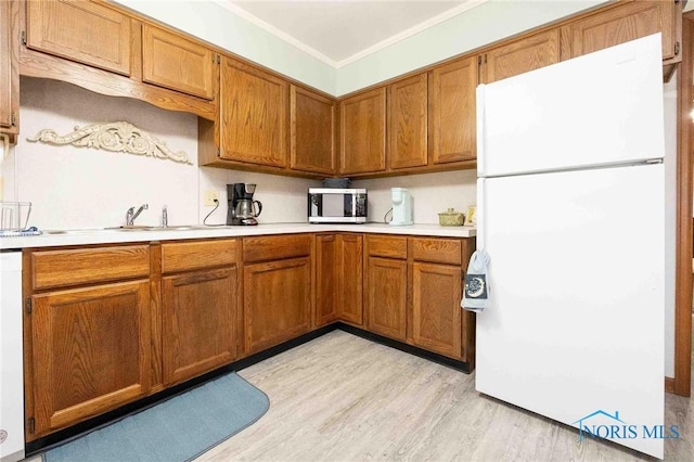 kitchen featuring ornamental molding, white fridge, sink, and light wood-type flooring