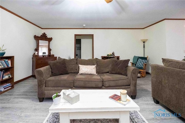 living room featuring light hardwood / wood-style flooring and ornamental molding