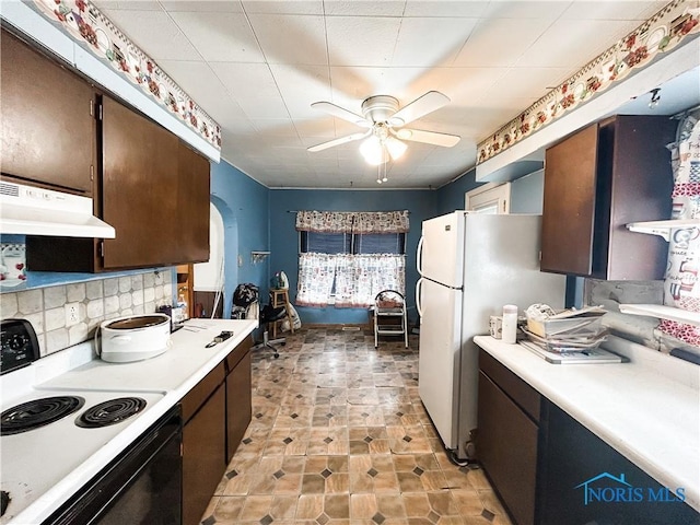 12356 Sylvania Metamora Rd, Berkey, OH 43504 - kitchen featuring ceiling fan, white fridge, dark brown cabinetry, and electric stove