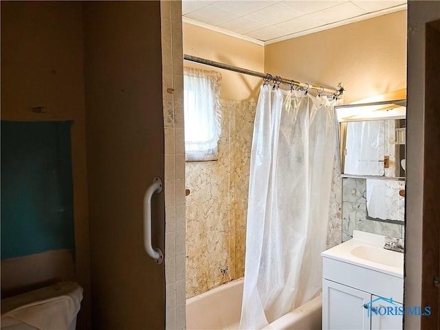 12356 Sylvania Metamora Rd, Berkey, OH 43504 - bathroom featuring crown molding, vanity, and shower / bath combo