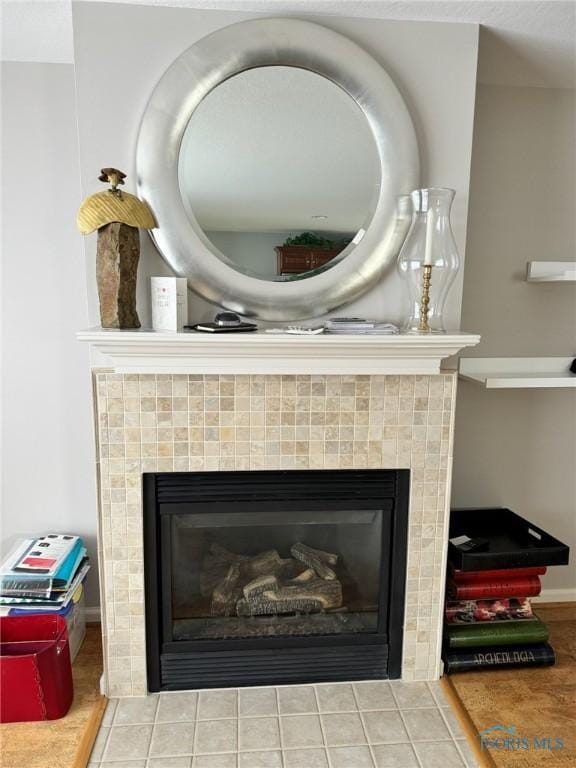 room details with a tile fireplace