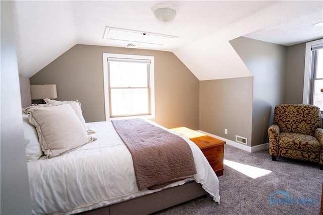 carpeted bedroom with lofted ceiling