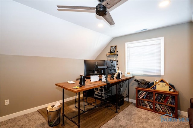 office featuring vaulted ceiling and ceiling fan