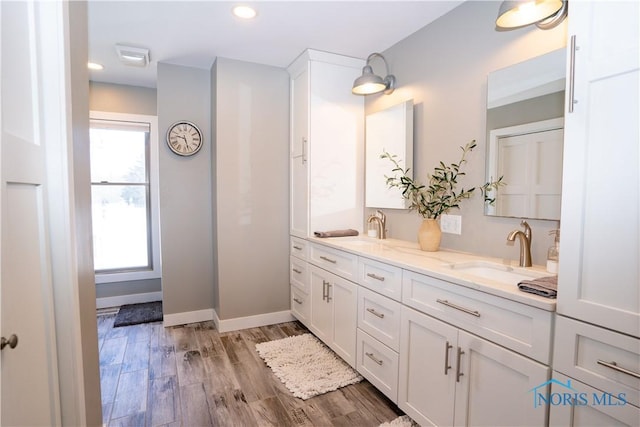 bathroom with hardwood / wood-style flooring and vanity