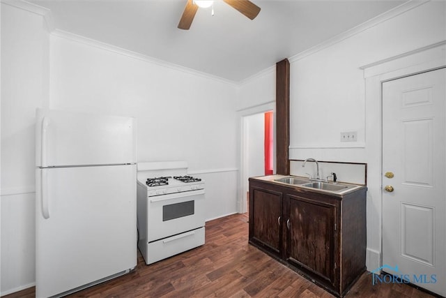 kitchen with sink, ornamental molding, white appliances, dark brown cabinets, and dark hardwood / wood-style floors