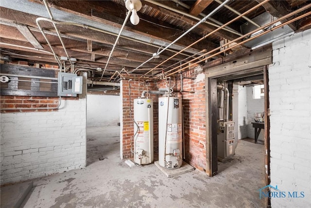 basement with electric panel, brick wall, water heater, and heating unit