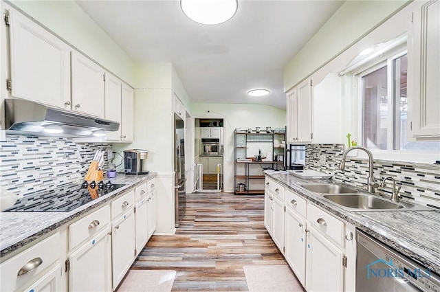 4811 Larkhaven Dr, Toledo, OH 43623 - kitchen with under cabinet range hood, a sink, stainless steel dishwasher, black electric cooktop, and white cabinets