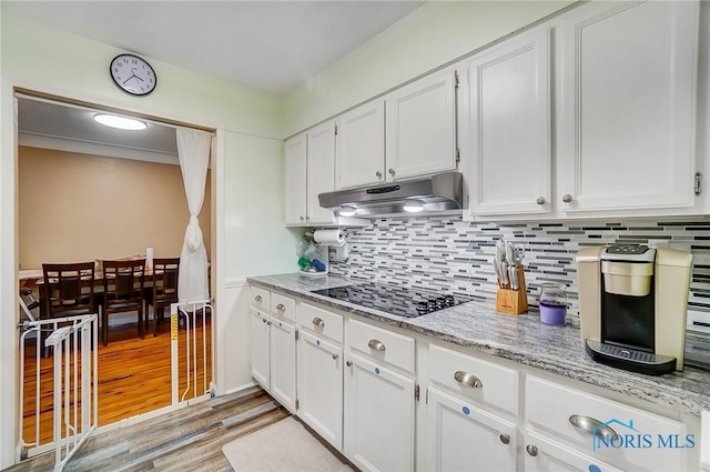 4811 Larkhaven Dr, Toledo, OH 43623 - kitchen with under cabinet range hood, light wood finished floors, white cabinetry, black electric cooktop, and tasteful backsplash