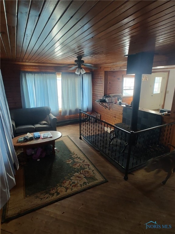 living area featuring wood finished floors, wood ceiling, and a ceiling fan