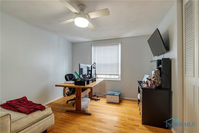 office featuring hardwood / wood-style flooring and ceiling fan