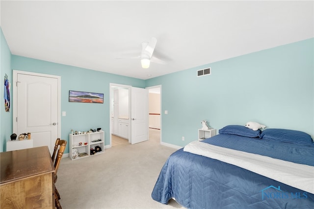 bedroom with light carpet, baseboards, visible vents, and ceiling fan