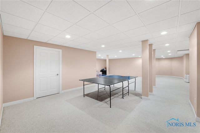 game room featuring light carpet, baseboards, a drop ceiling, and recessed lighting