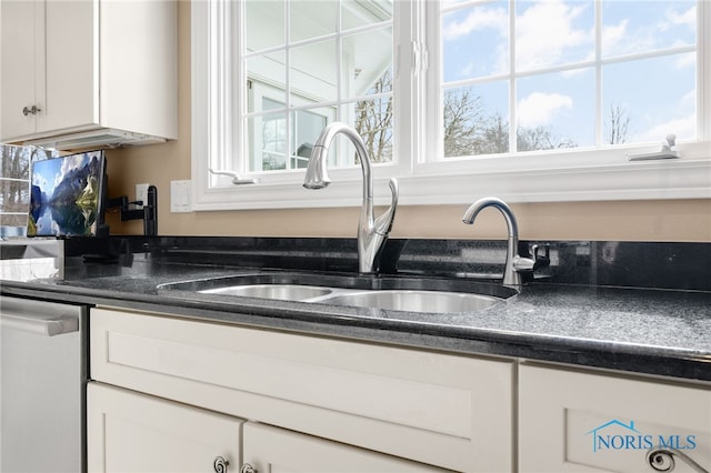 kitchen with white cabinetry, dark countertops, stainless steel dishwasher, and a sink