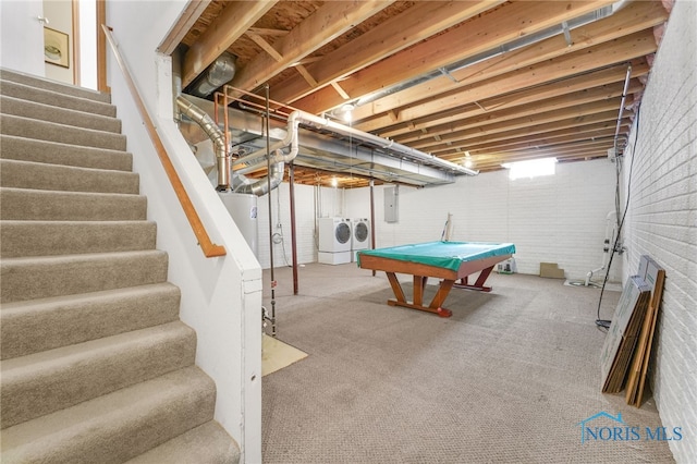 playroom with electric panel, brick wall, pool table, carpet, and washing machine and clothes dryer