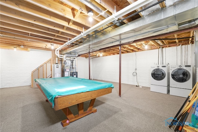 recreation room featuring billiards, washing machine and dryer, carpet, and gas water heater