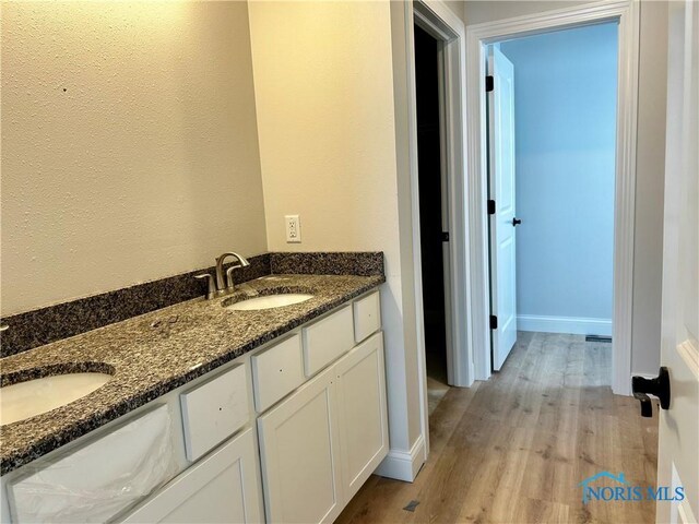 bathroom featuring wood finished floors, baseboards, and a sink