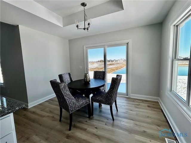 dining area featuring light wood finished floors, a healthy amount of sunlight, and an inviting chandelier